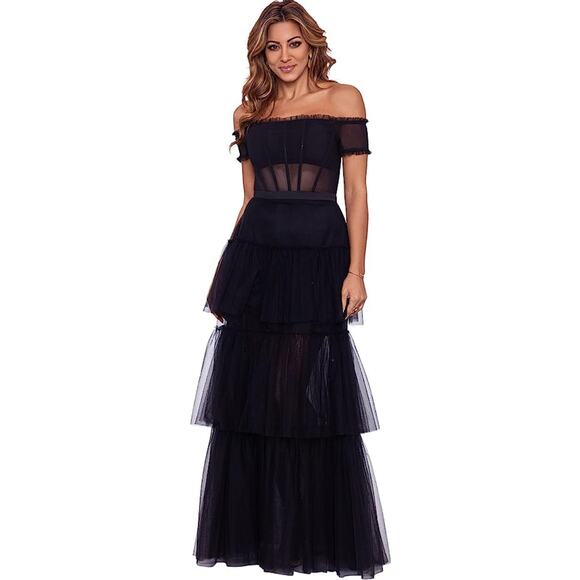 Betsy & Adam Black Ruffle Off the Shoulder Tiered Ballgown 8 NEW - Picture 1 of 7